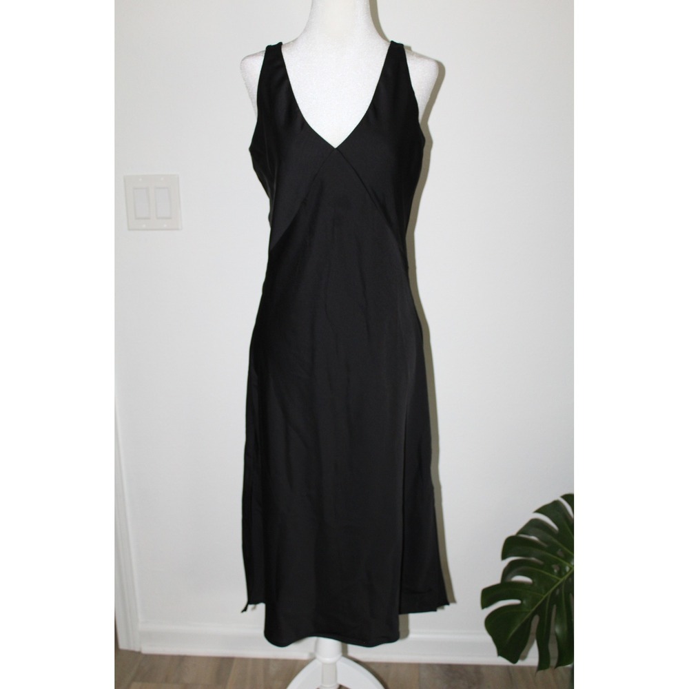 A New Day Womens Black V-Neck Sleeveless Midi Slip Dress Size S Slit Simple